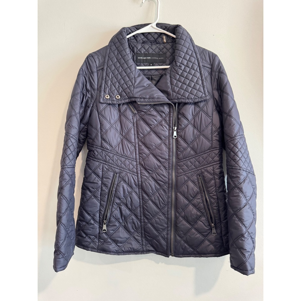 Marc New‎ York Quilted Moto Jacket Womens Medium Navy Blue Asymmetrical Zip